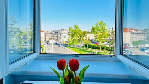 Una ventana con vistas a un paisaje urbano, un alféizar y un florero con flores.