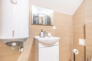 Shower, hair dryer, towels, soap