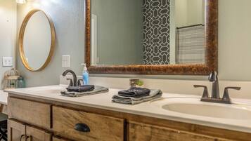 Hair dryer, towels, soap, shampoo