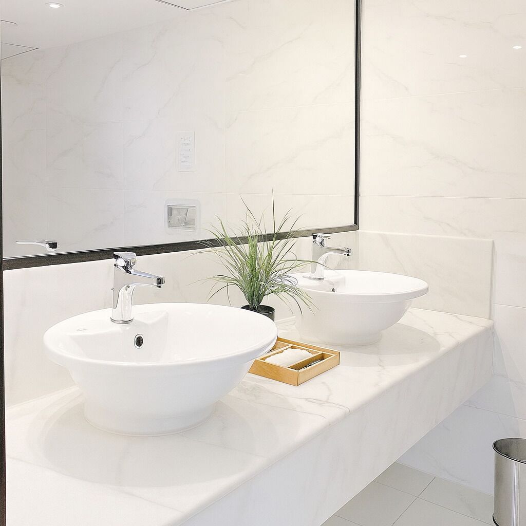 A modern bathroom with two white sinks, a large mirror, and a potted plant.