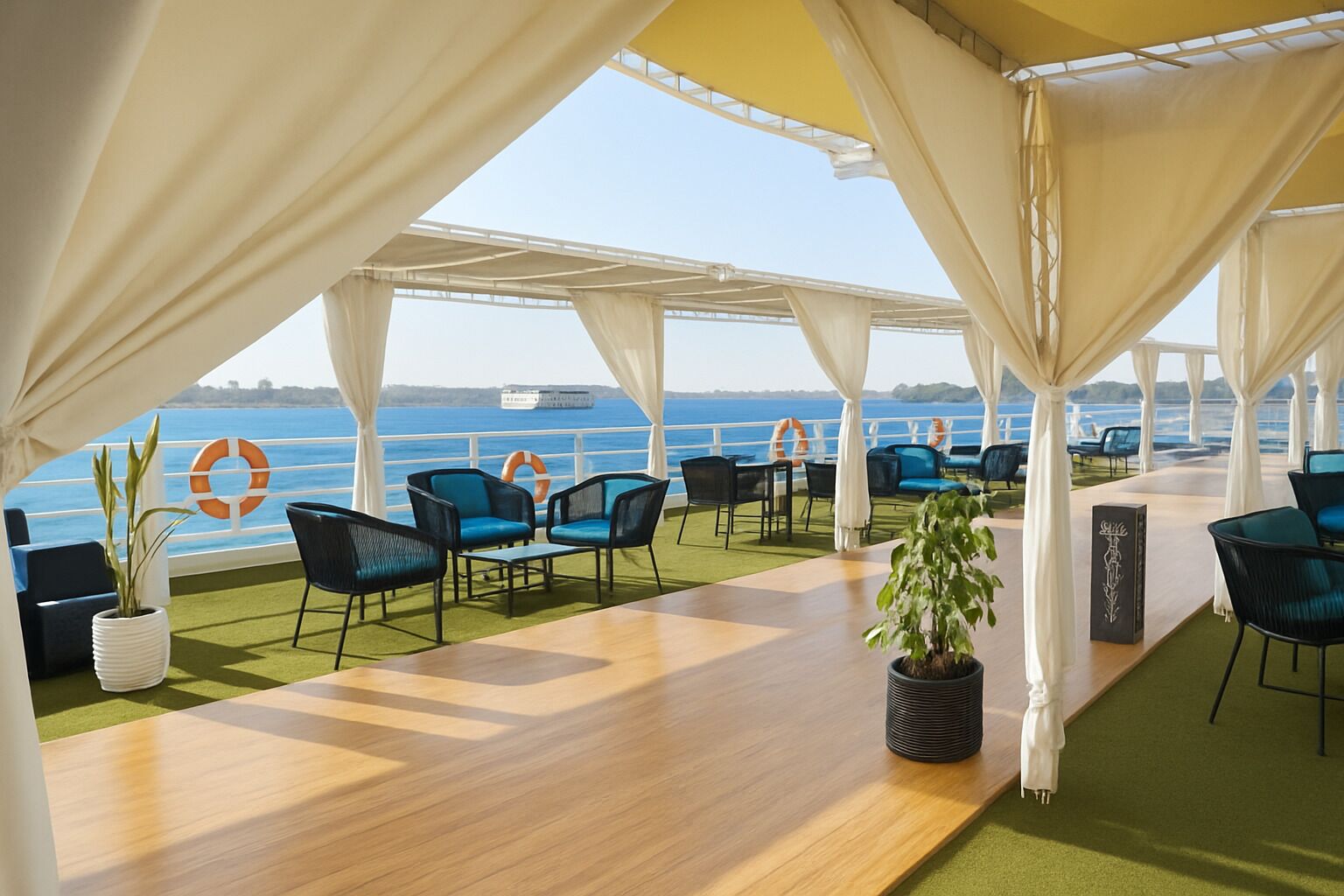 Une terrasse avec des sièges extérieurs, une vue sur la mer et une décoration en forme de bouée de sauvetage.