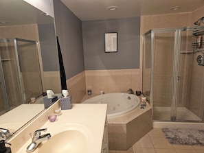 Jetted bath, towels, toilet paper