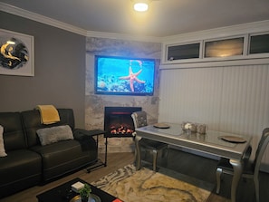 Smart TV, chimenea, libros