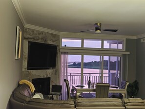 Smart TV, fireplace, books