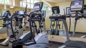 A gym with multiple treadmills and elliptical machines, arranged in a spacious layout with large windows allowing natural light. - Celebrate winter holidays at the lovely, warm, welcoming Coronado Beach Resort! (Coronado)