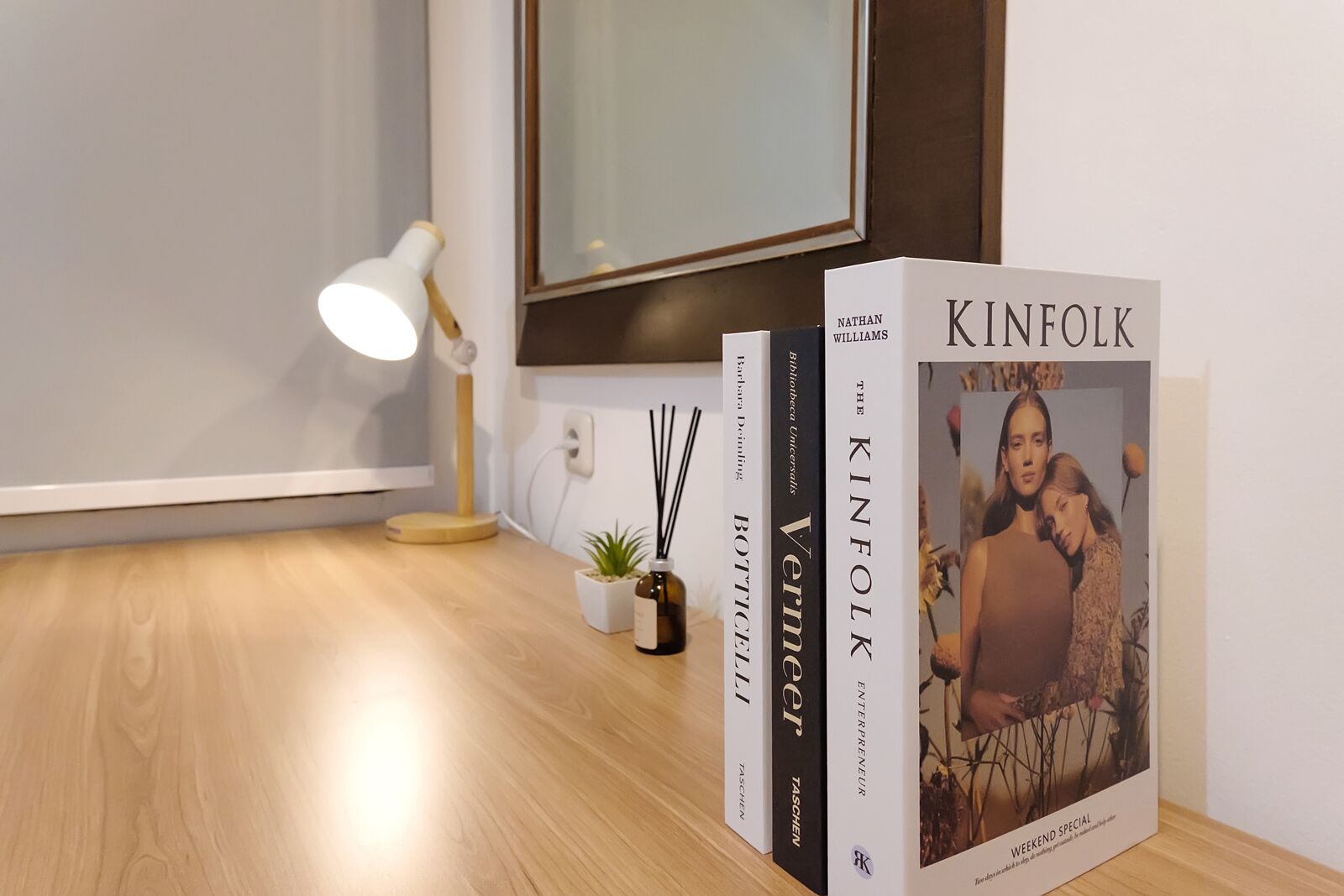A bookshelf with books and a small potted plant.