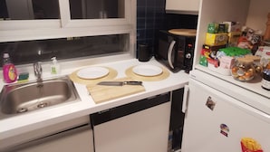 Una cocina compacta con un fregadero, un microondas, un refrigerador y una ventana sobre el fregadero.