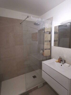 Dusche, Haartrockner, Handtücher, Seife