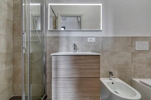 Shower, hair dryer, bidet, towels