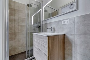 Shower, hair dryer, bidet, towels