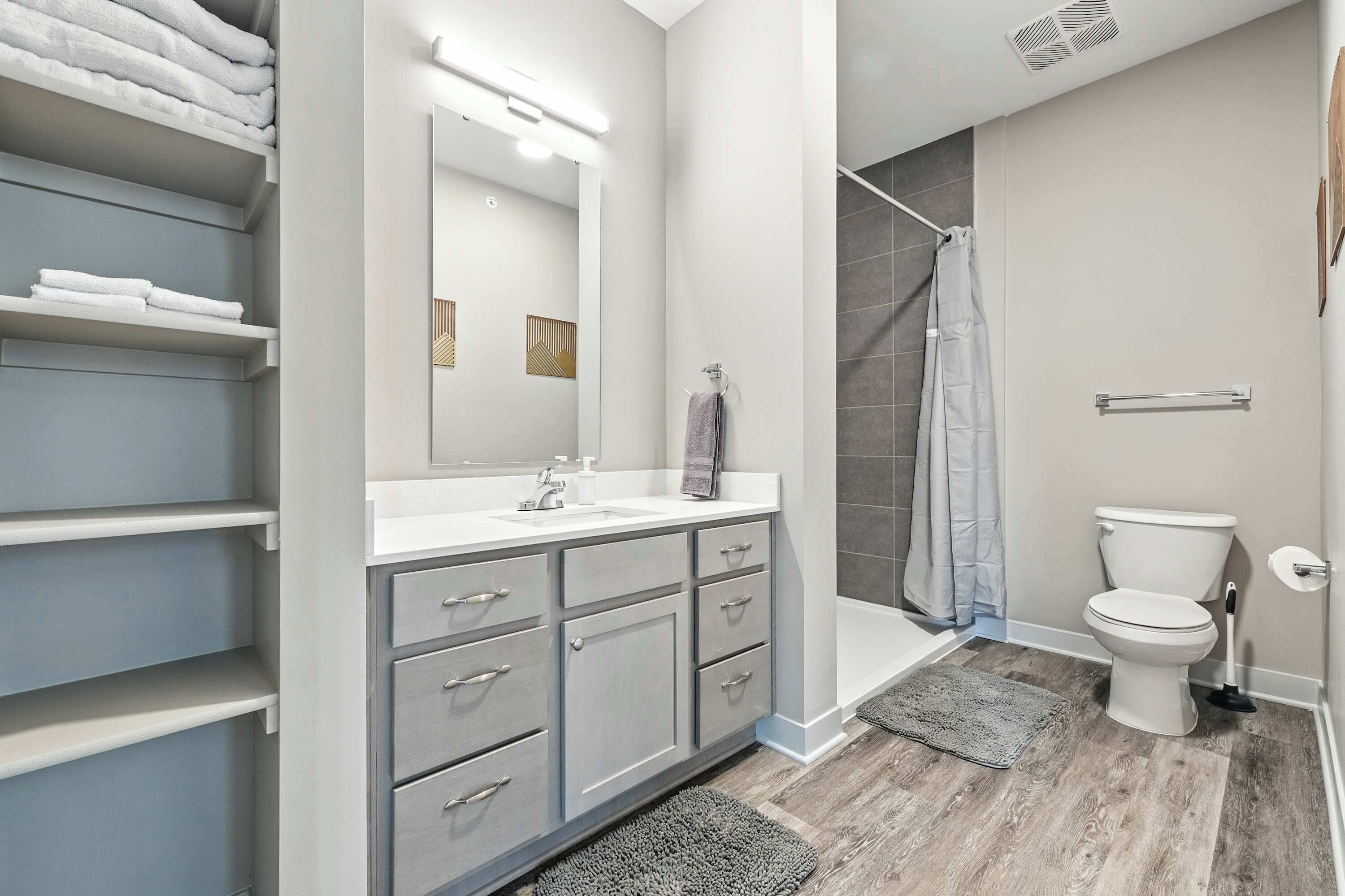 Shower, hair dryer, shampoo