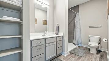 Shower, hair dryer, shampoo