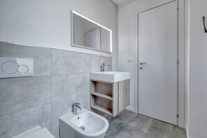 Shower, hair dryer, bidet, towels