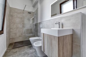 Shower, hair dryer, bidet, towels