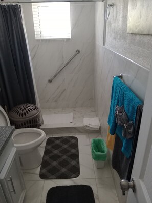 Shower, hair dryer, towels, toilet paper