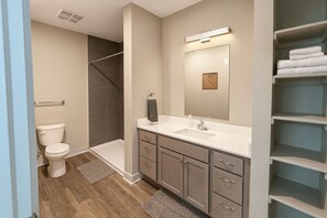 Hair dryer, towels, soap, toilet paper