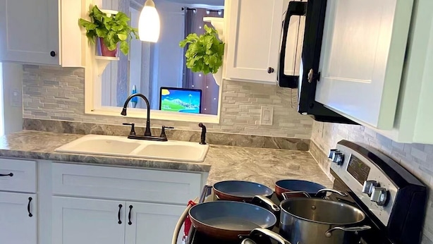 A modern kitchen with white cabinets, a marble countertop, a built-in oven, and hanging plants. - beaches house near by beach (Holiday)