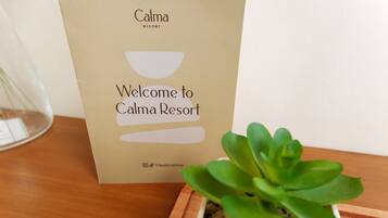 A welcome sign for Calma Resort with a small succulent plant beside it.