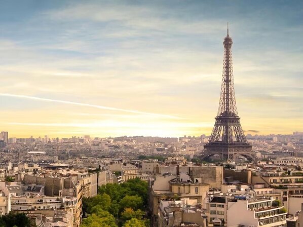 Vista panorámica de la Torre Eiffel y el paisaje urbano circundante con edificios.