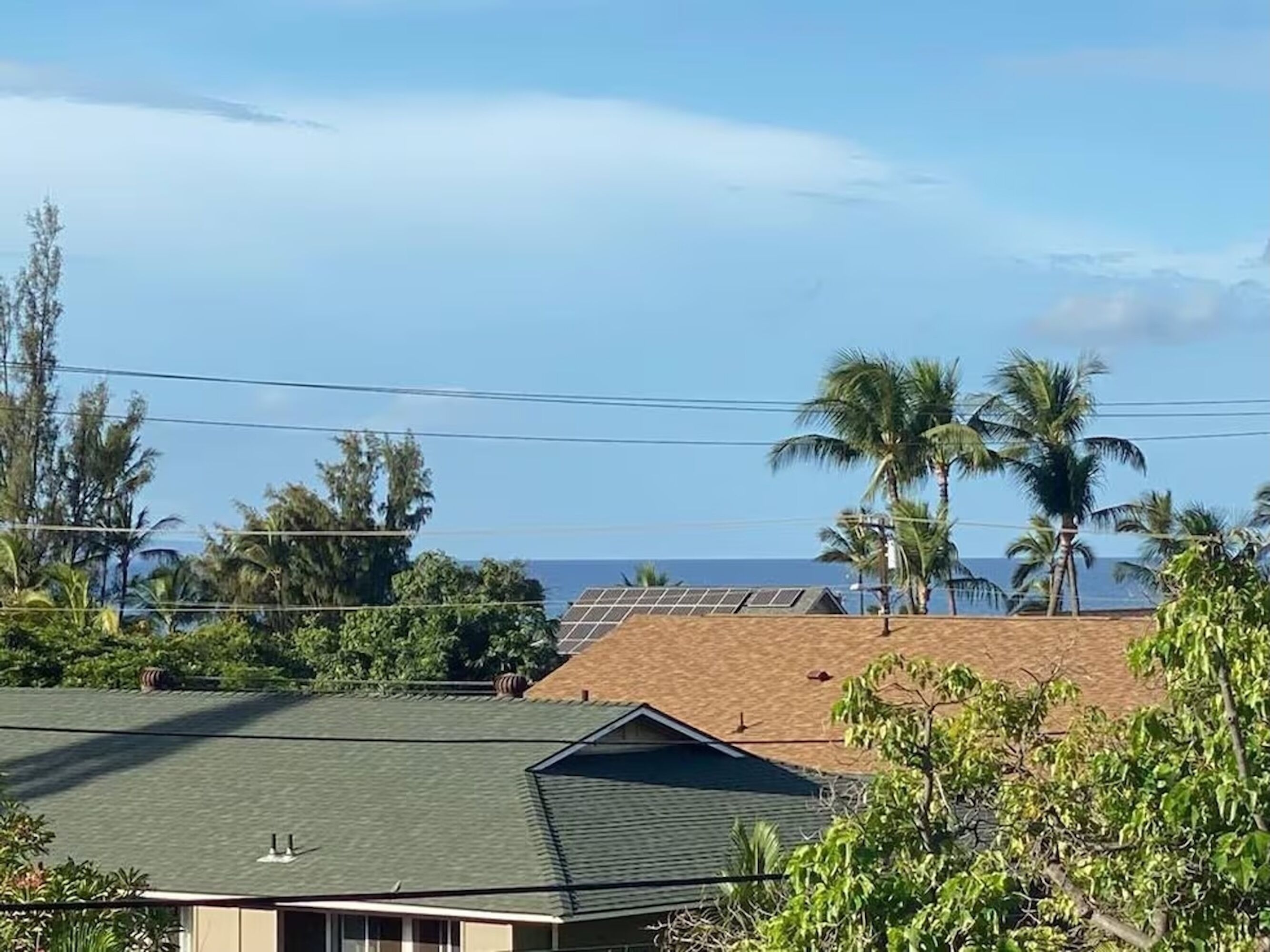 A residential area with houses, solar panels, and palm trees.