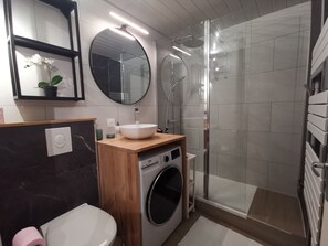 Shower, hair dryer, towels, toilet paper