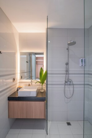 Douche, séchoir à cheveux, bidet, serviettes fournies