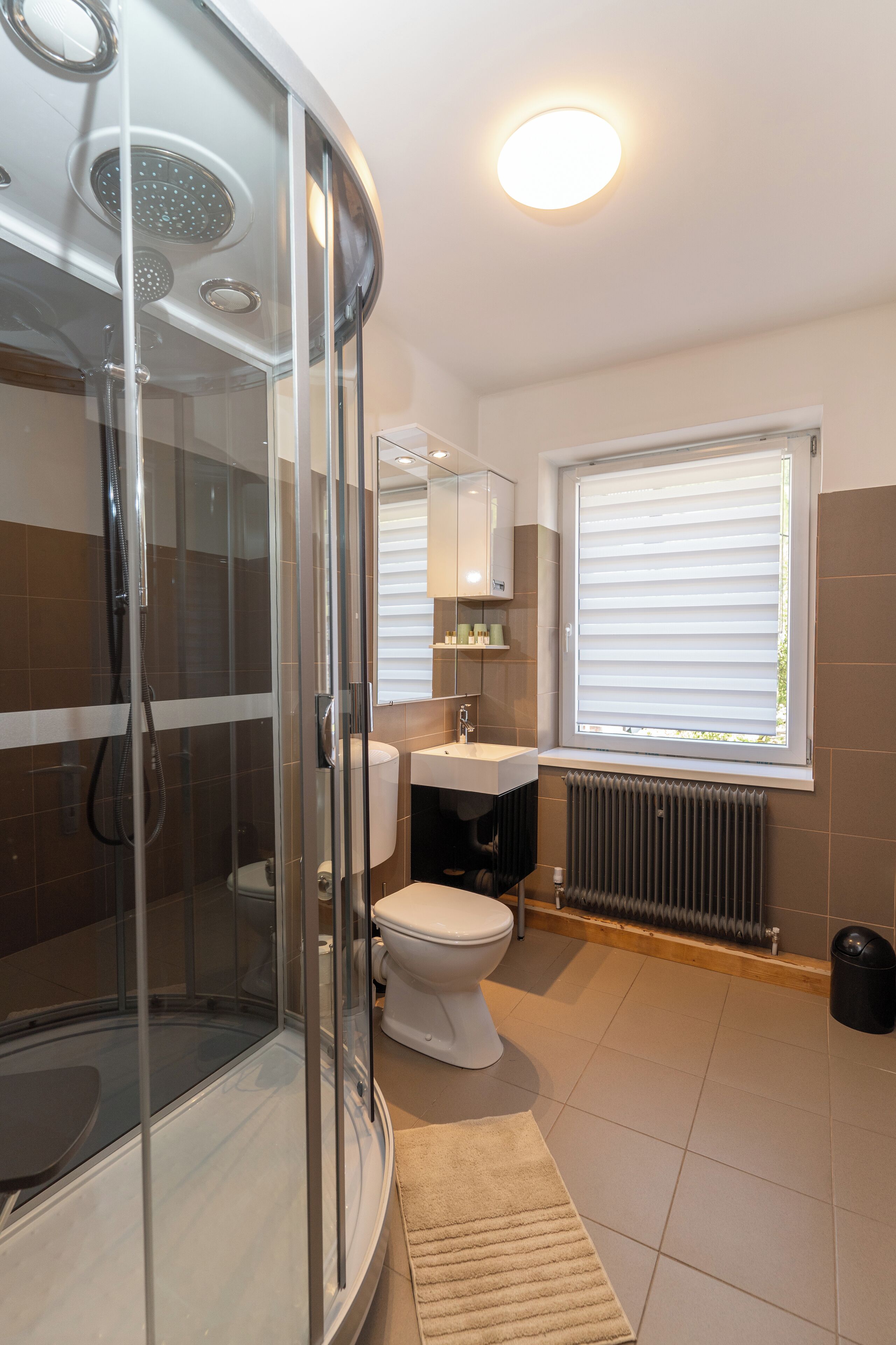 A modern bathroom with a glass-enclosed shower, a toilet, and a sink.