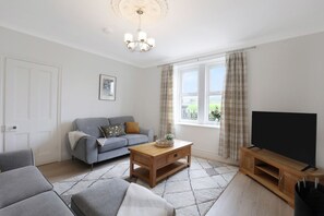 Smart TV, fireplace, books