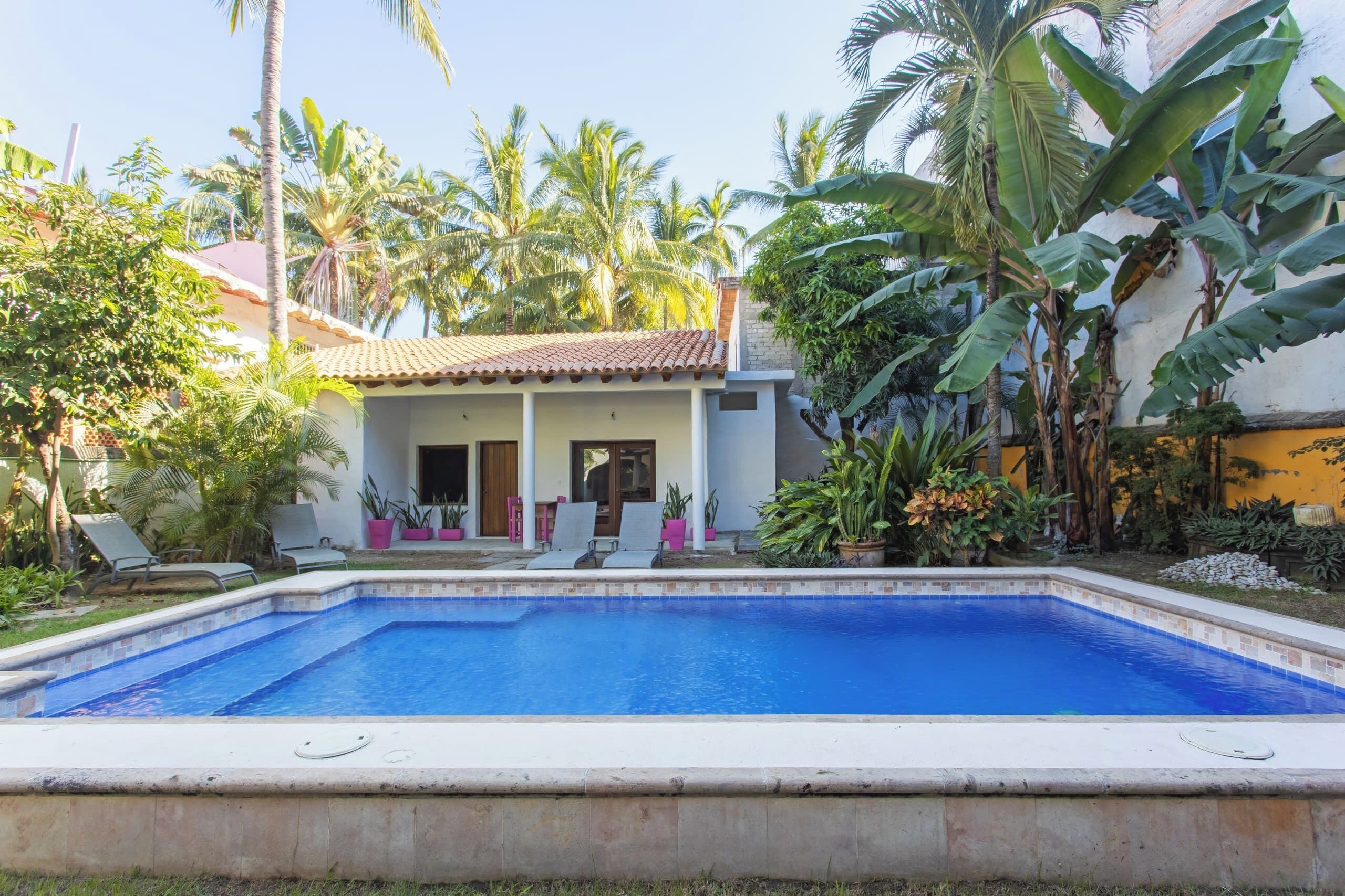 A swimming pool with a tiled edge, surrounded by lush tropical vegetation and a building with a tiled roof.