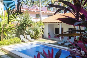 A swimming pool with lounge chairs, surrounded by tropical plants and a building with a red-tiled roof.