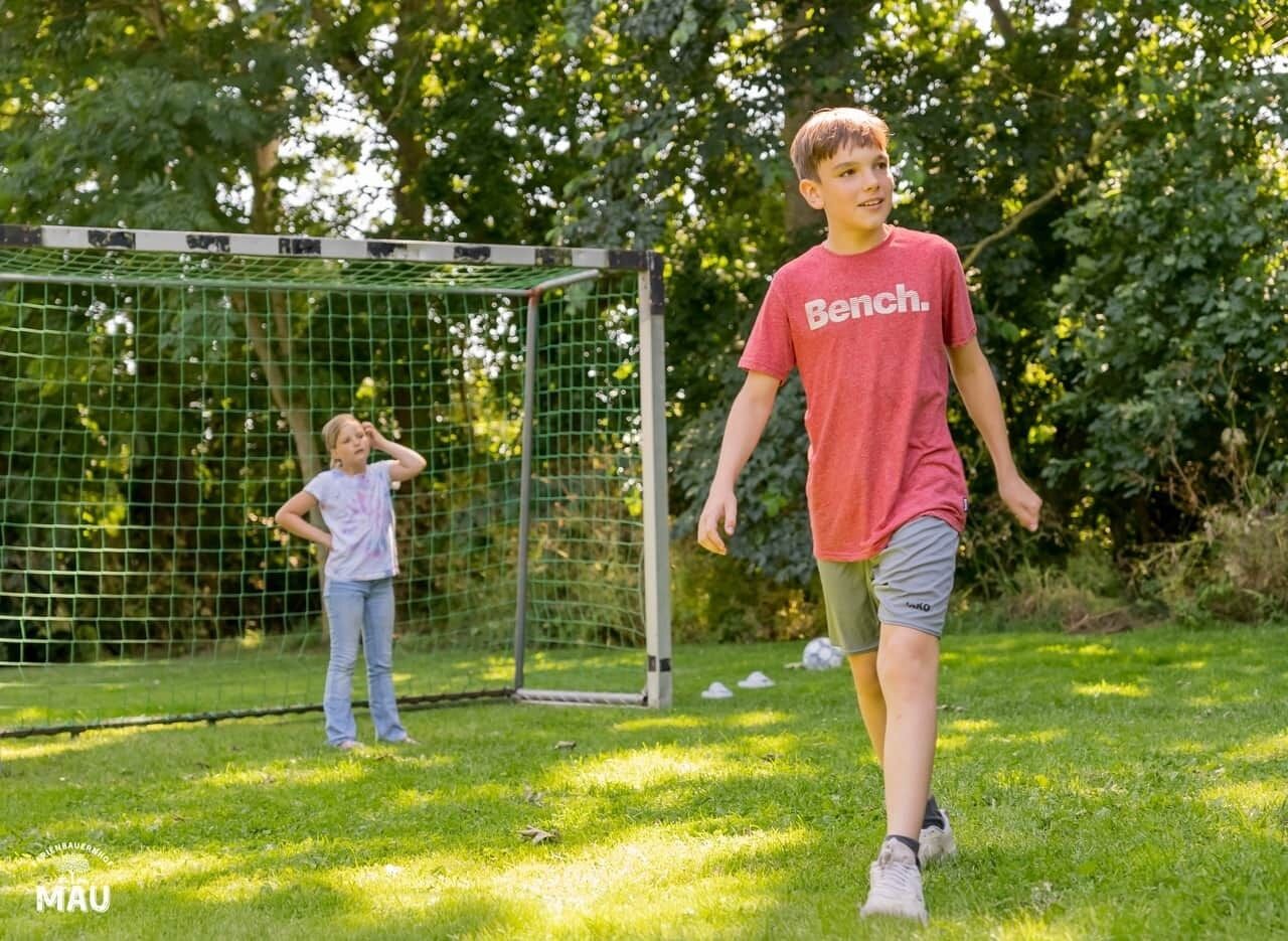 Un espace extérieur enherbé avec un but de football et un filet.