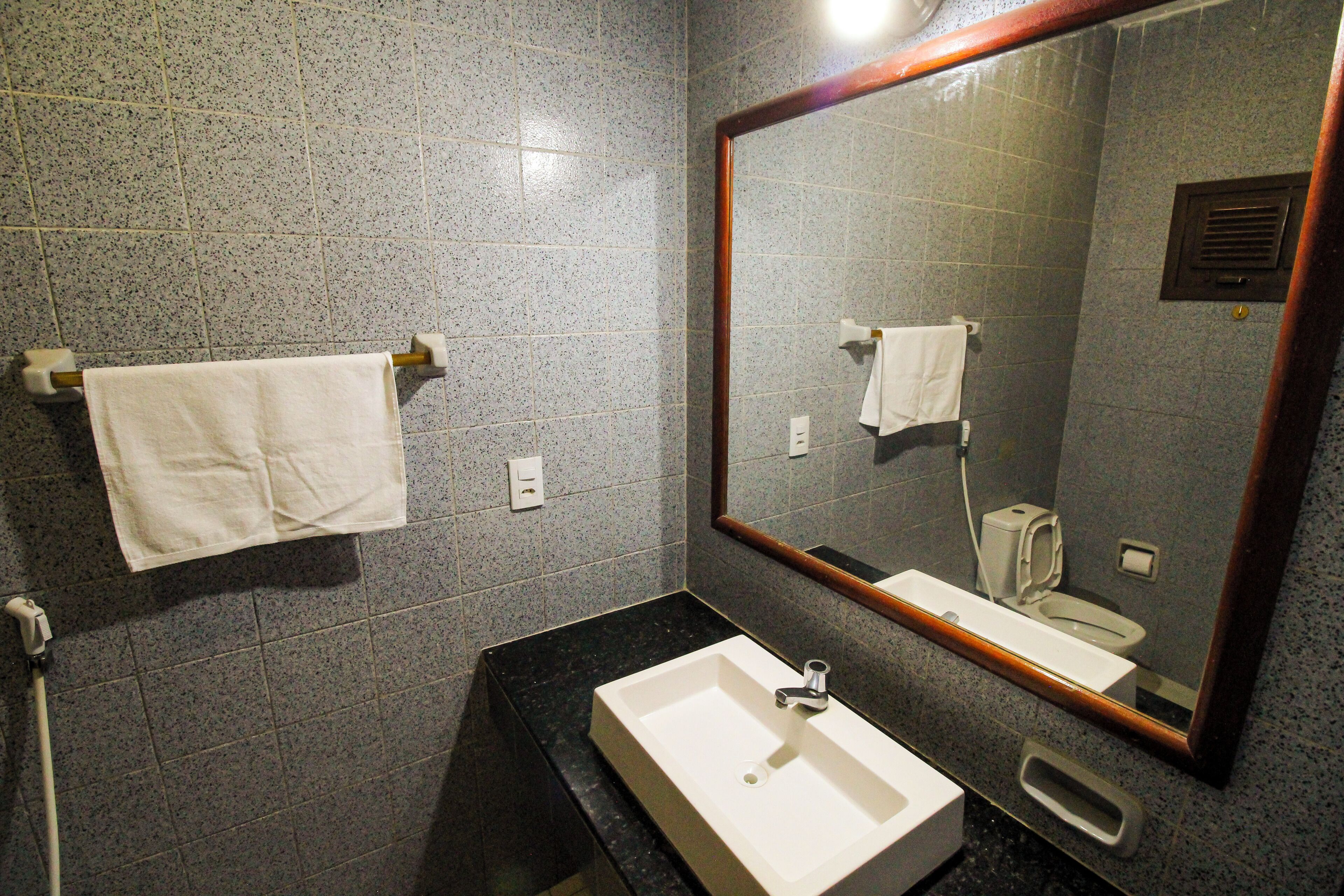 Een douche, handdoeken, toiletpapier