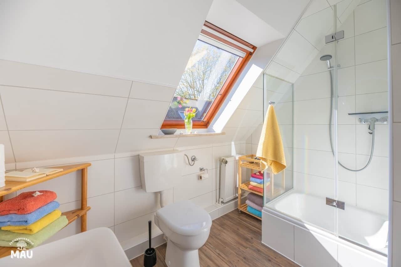 Un bagno moderno con finestra a lucernario, una doccia e un water.