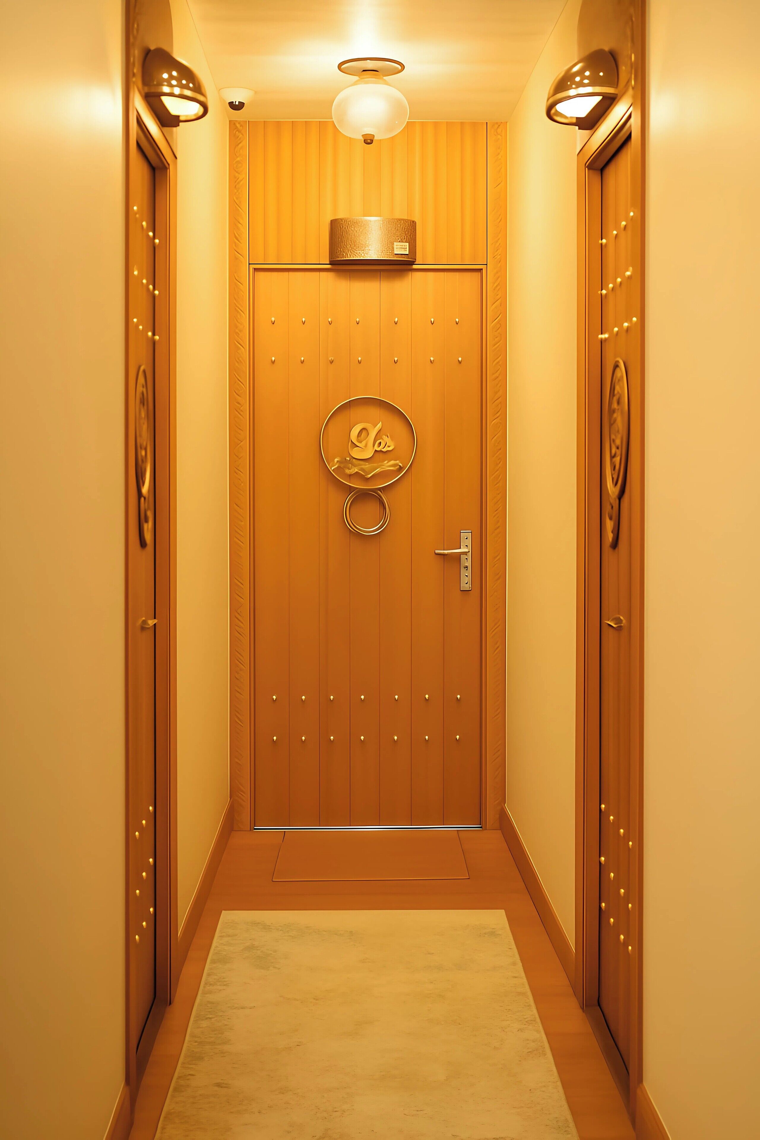 A wooden door with a circular emblem, a light fixture above, and a carpeted floor.