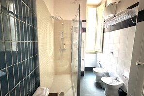 Shower, bidet, towels, shampoo