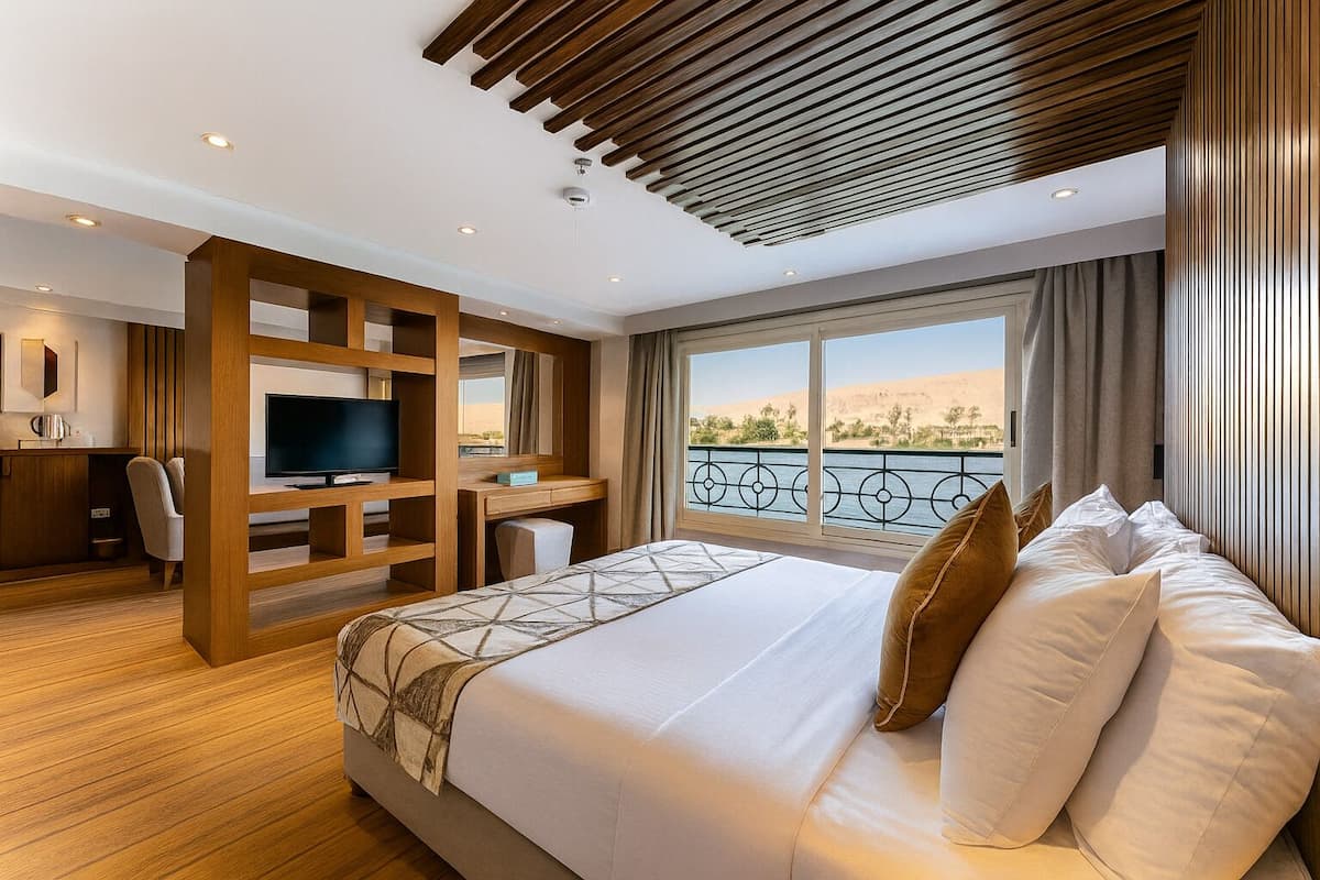 A hotel room with a large bed, a desk with a TV, a balcony with a view of the desert, and wooden paneling on the ceiling.