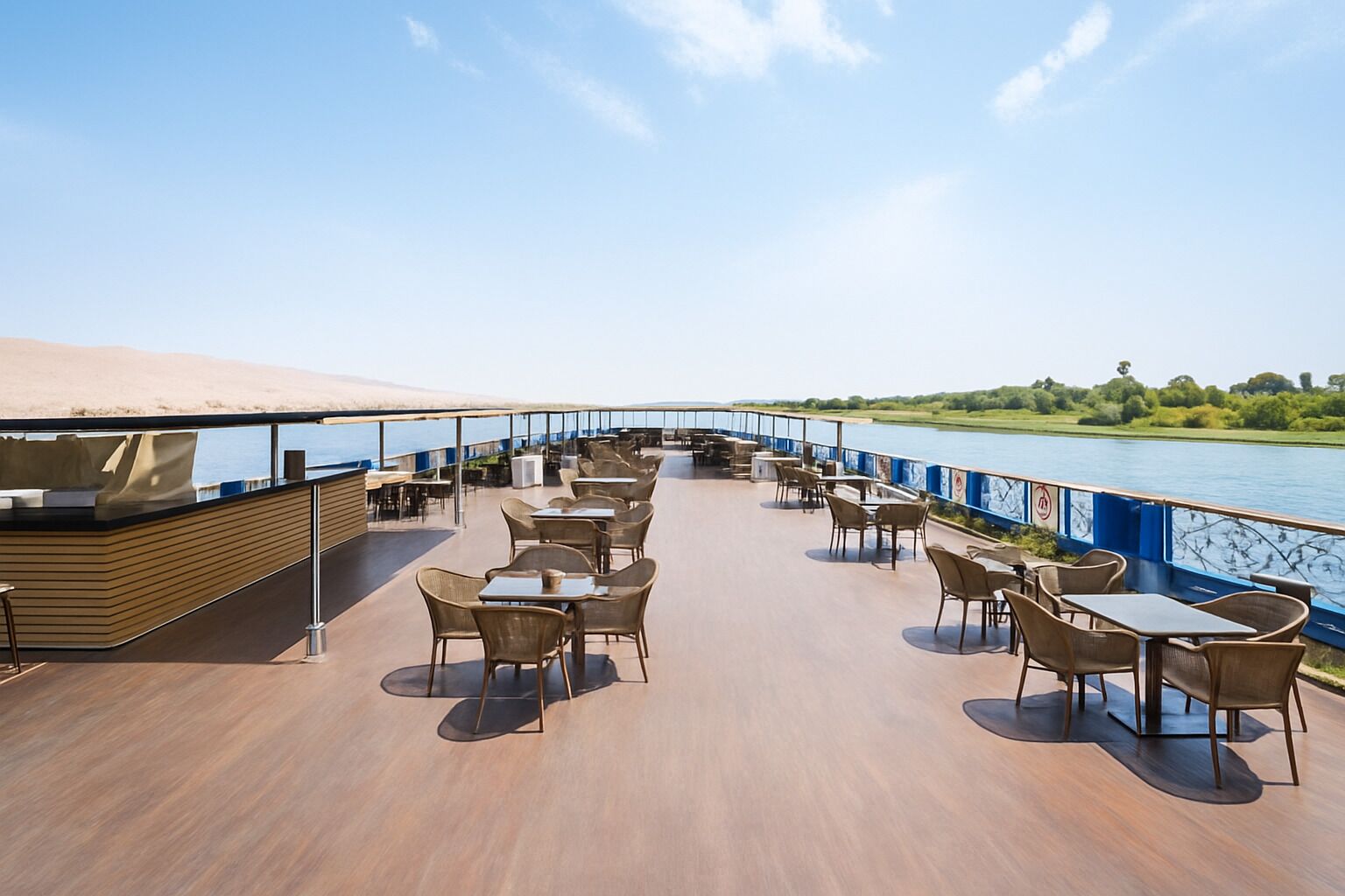 A deck with tables and chairs overlooking a river.