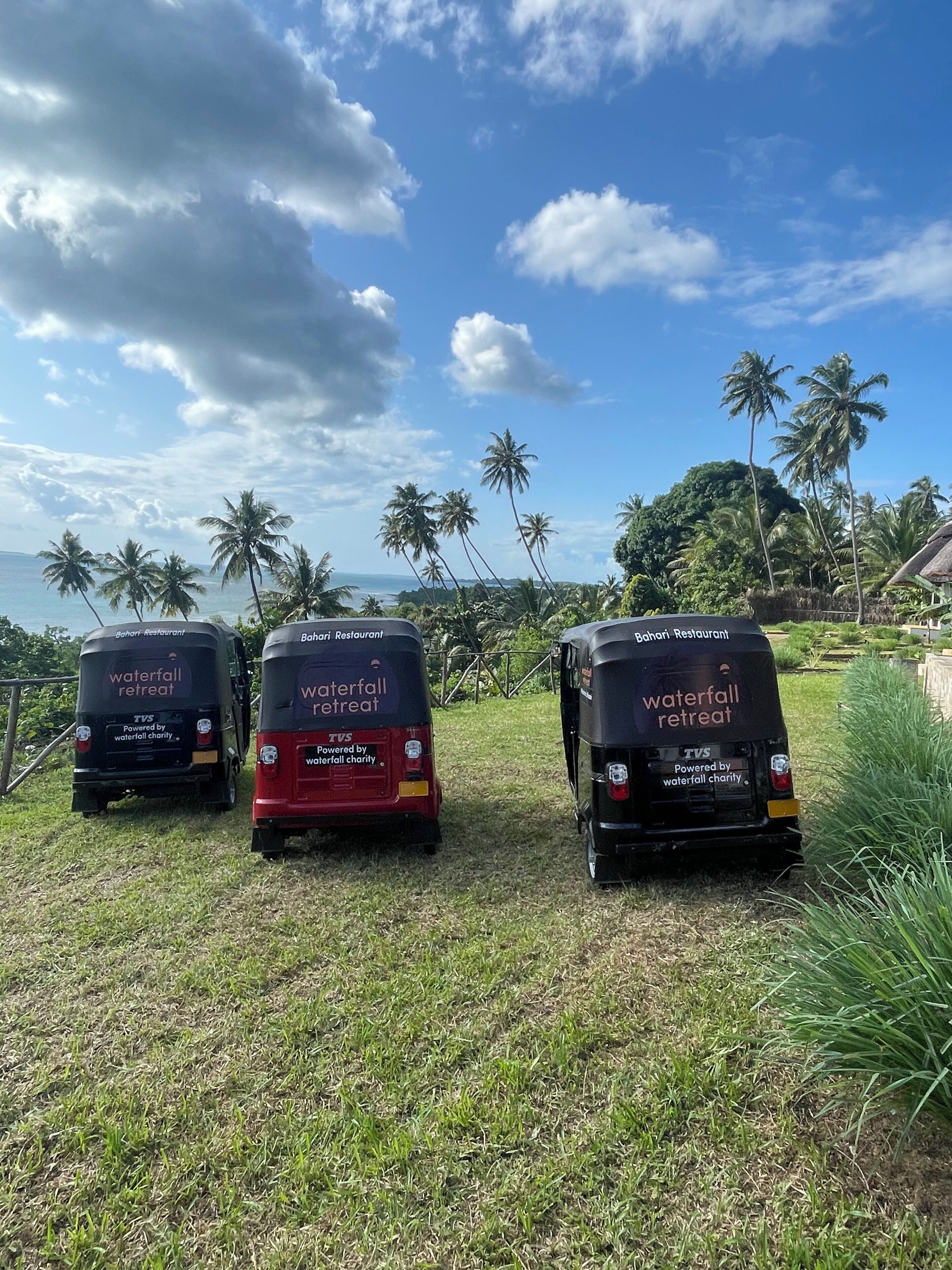 Trois tuk-tuks sont stationnés sur une pelouse, avec une végétation tropicale en arrière-plan. Chacun porte l’inscription « Retraite près des cascades » et « Soutenu par une association caritative pour la protection des cascades ».