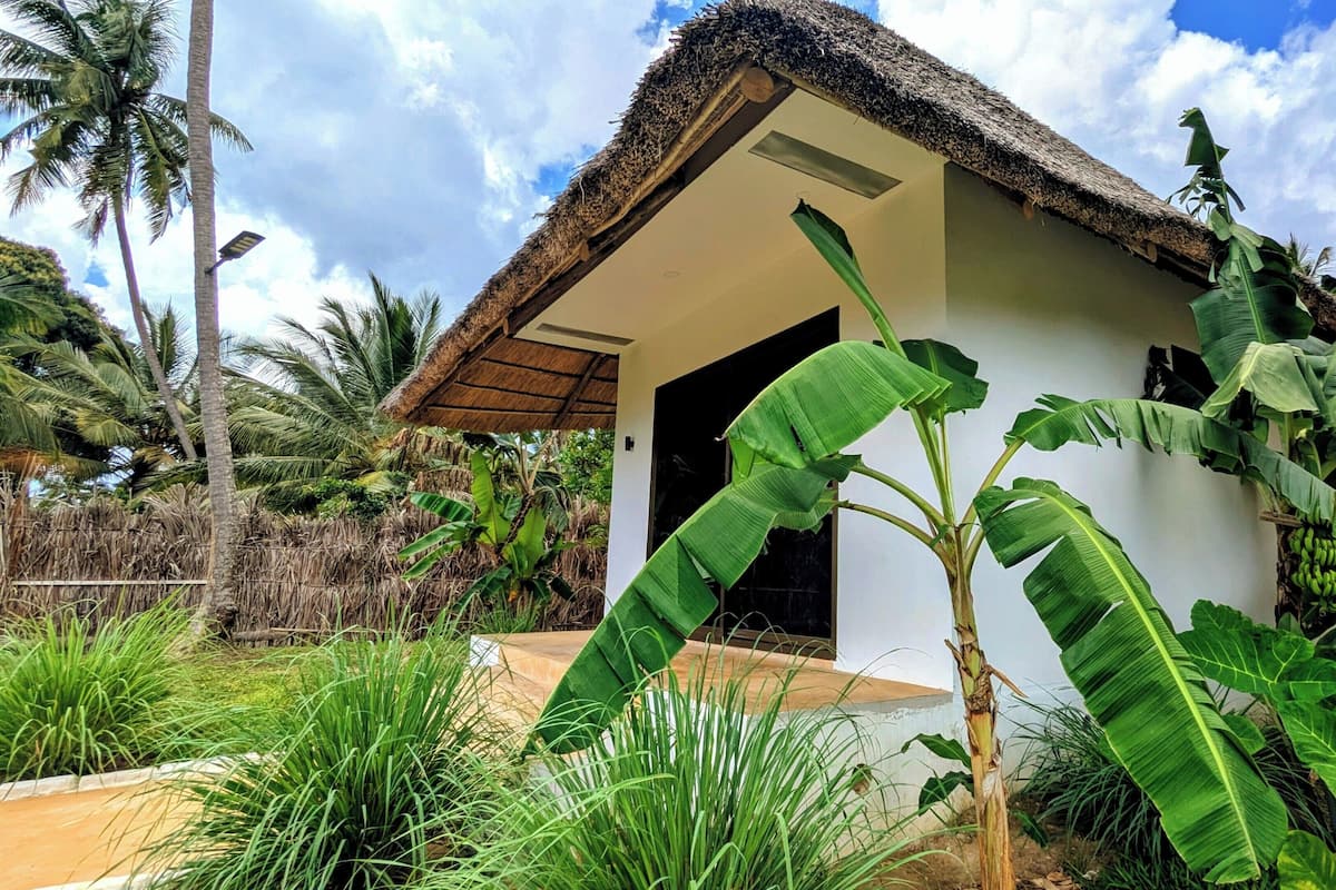 Um pequeno edifício térreo com telhado de palha, cercado por vegetação tropical exuberante.