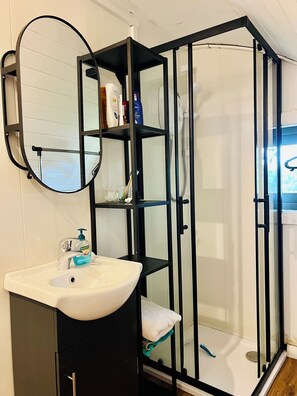 Shower, hair dryer, towels, soap