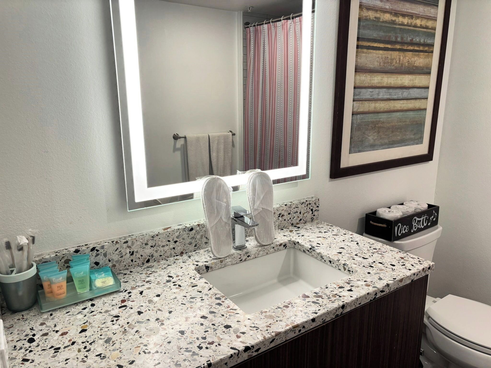 Hair dryer, towels, soap, shampoo