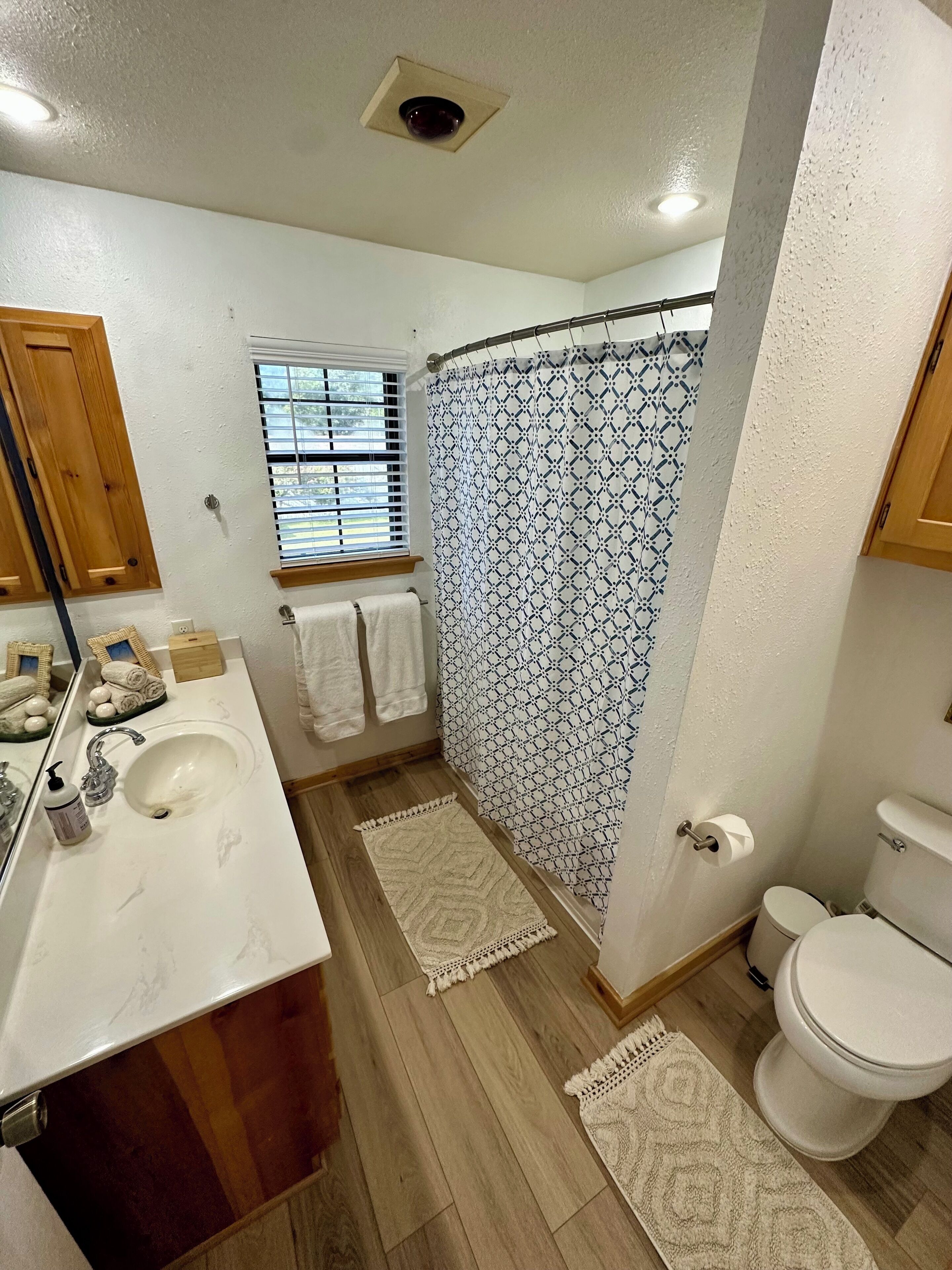 Hair dryer, towels, soap, shampoo