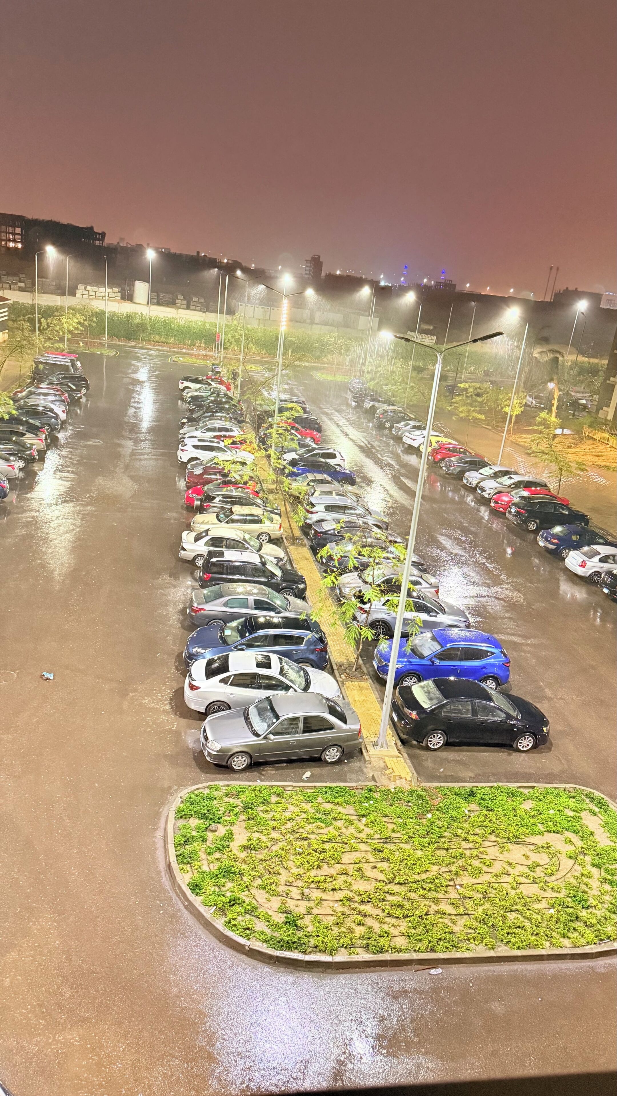 A parking lot at night with cars parked in rows, illuminated by overhead lights.