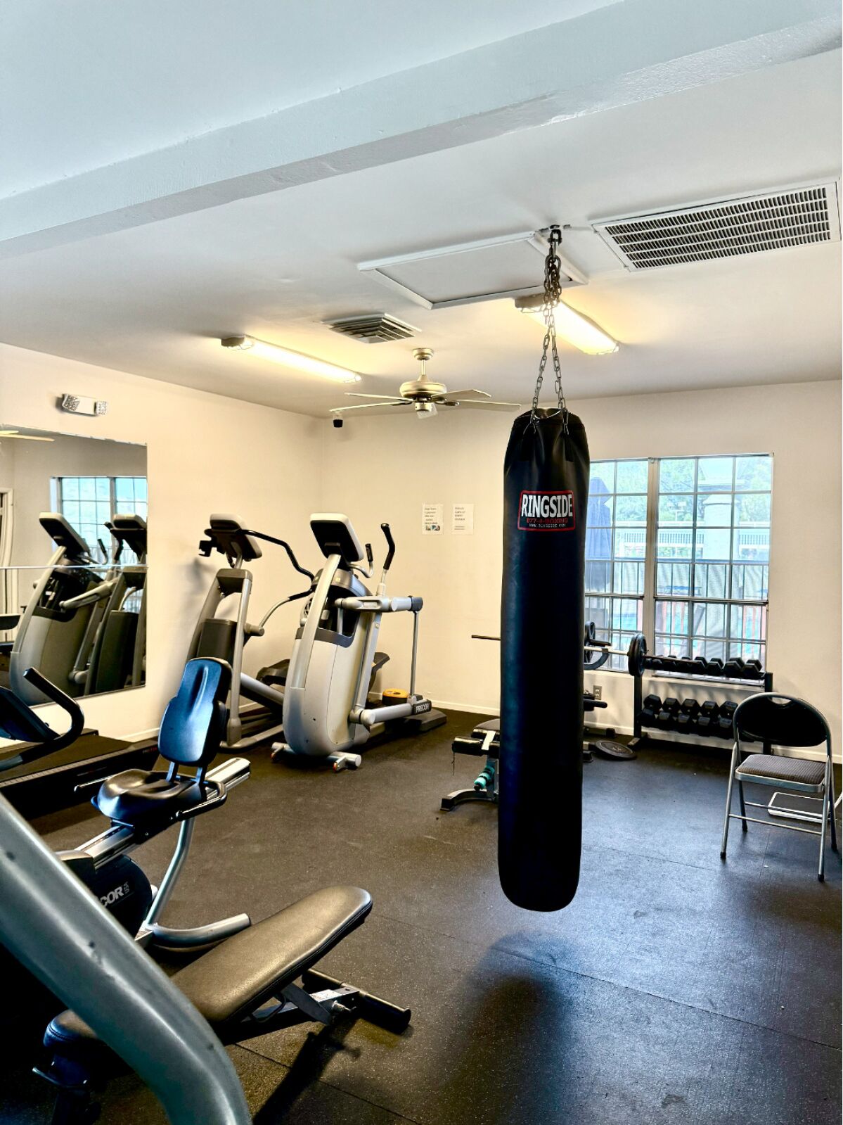A gym with cardio machines, a punching bag, and dumbbells.