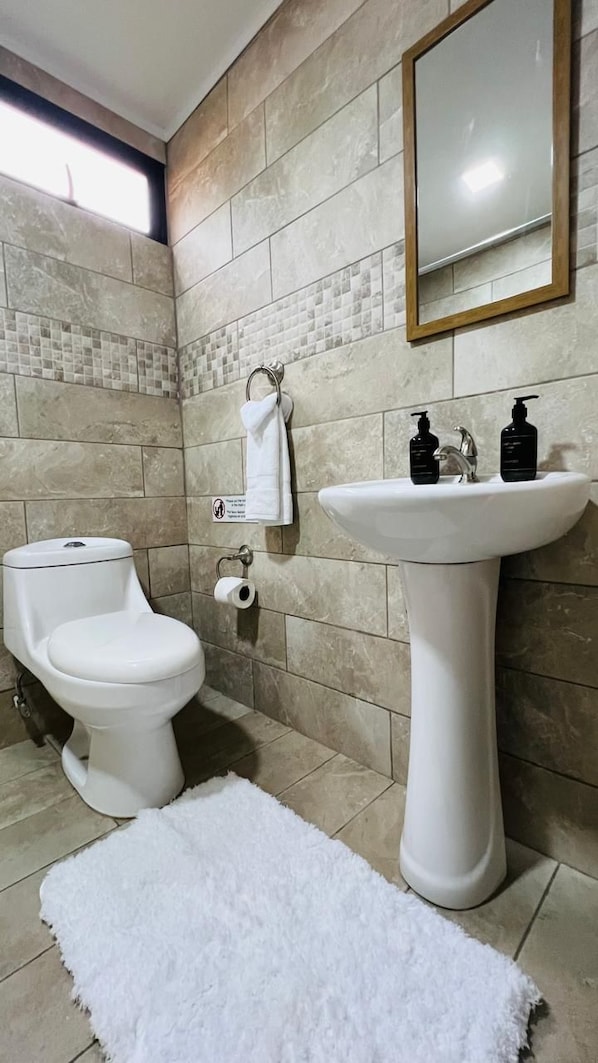 A bathroom with a toilet, sink, and mirror. - Stada (Alajuela)
