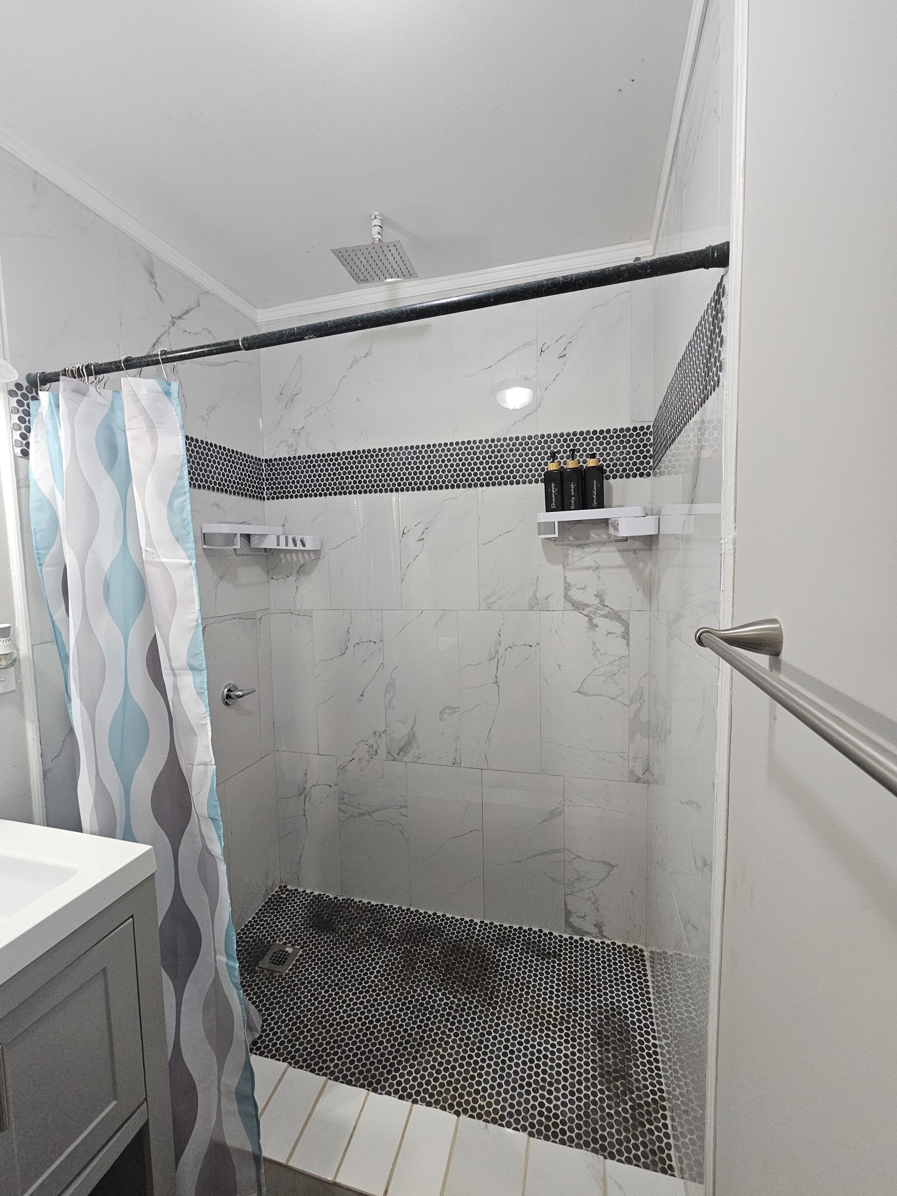 Hair dryer, towels, soap, toilet paper