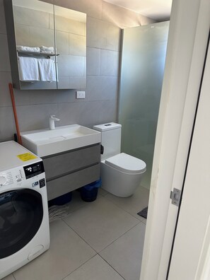 Regadera, toallas, papel de baño