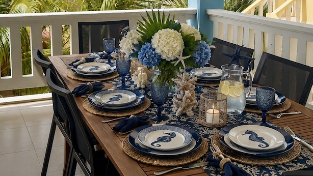 Mesa de comedor dispuesta con platos azules y blancos, vasos y un centro de mesa con flores y estrellas de mar.