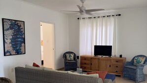 Una sala de estar con un sofá gris, un televisor, sillas de mimbre, un aparador de madera y un ventilador de techo.