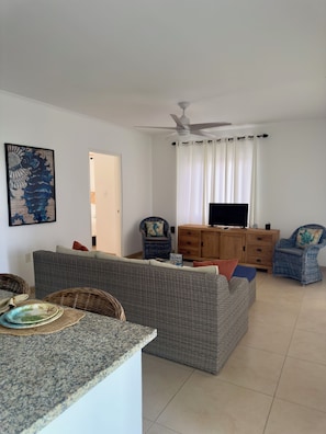 A living room with a grey sofa, a television, wicker chairs, a wooden cabinet, and a ceiling fan.